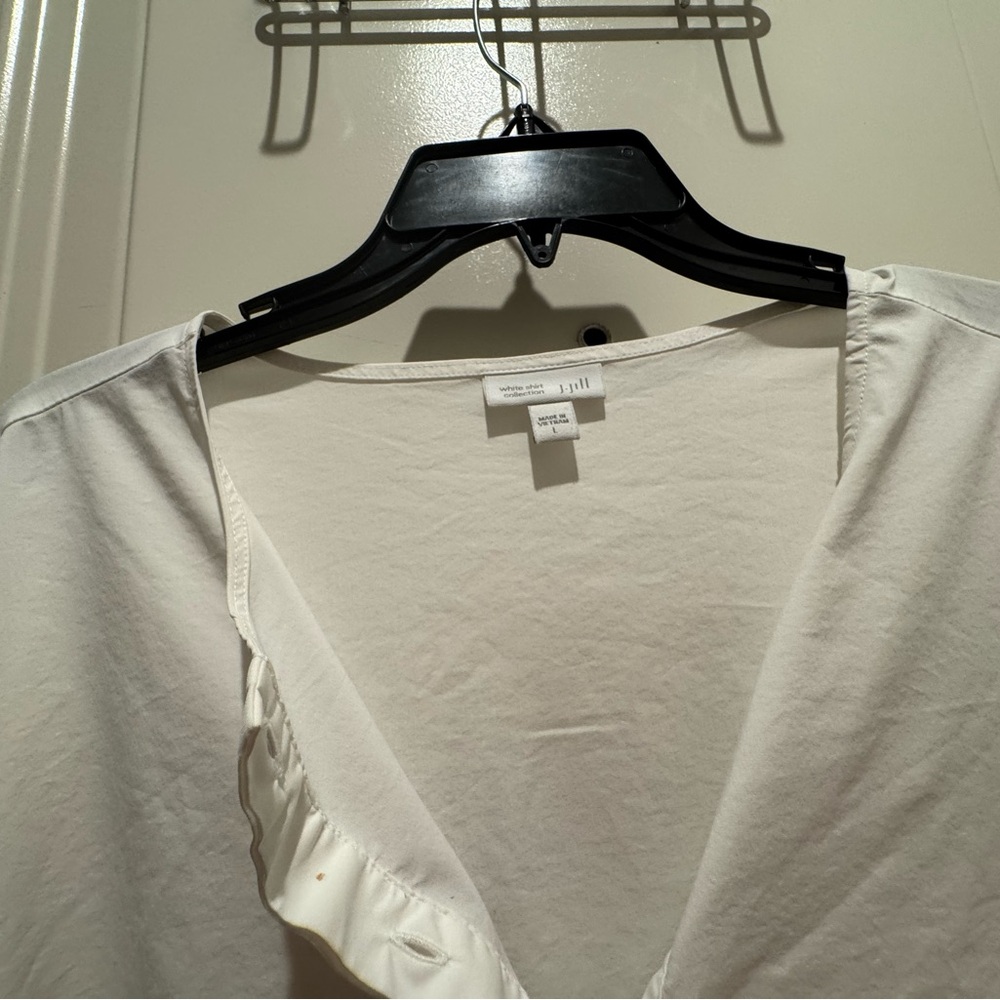 White V-Neck Ruffle Trim Blouse.  JJill